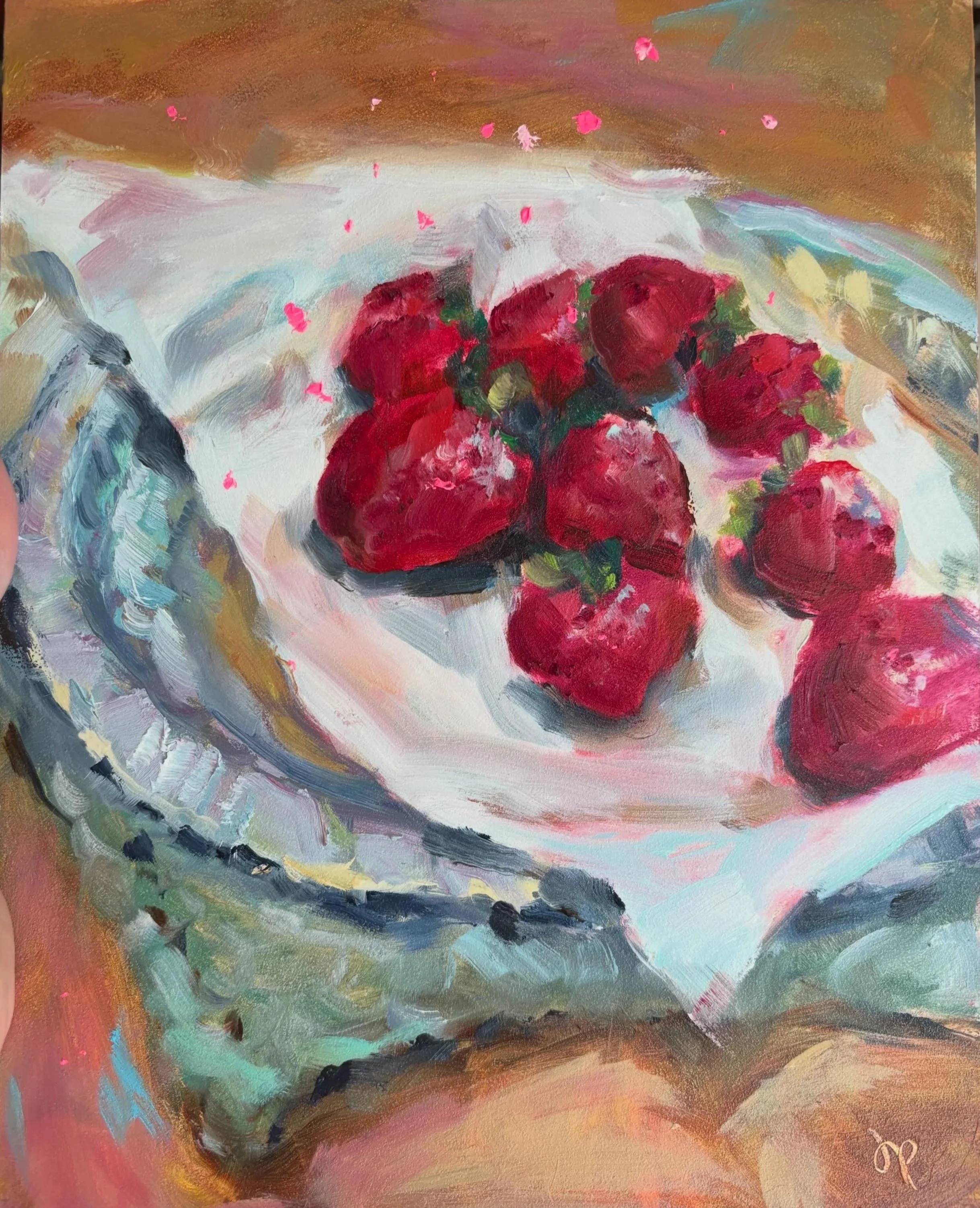 A loose expressive oil painting featuring vibrant red strawberries on a tin plate, with expressive brushstrokes and a warm, earthy background.