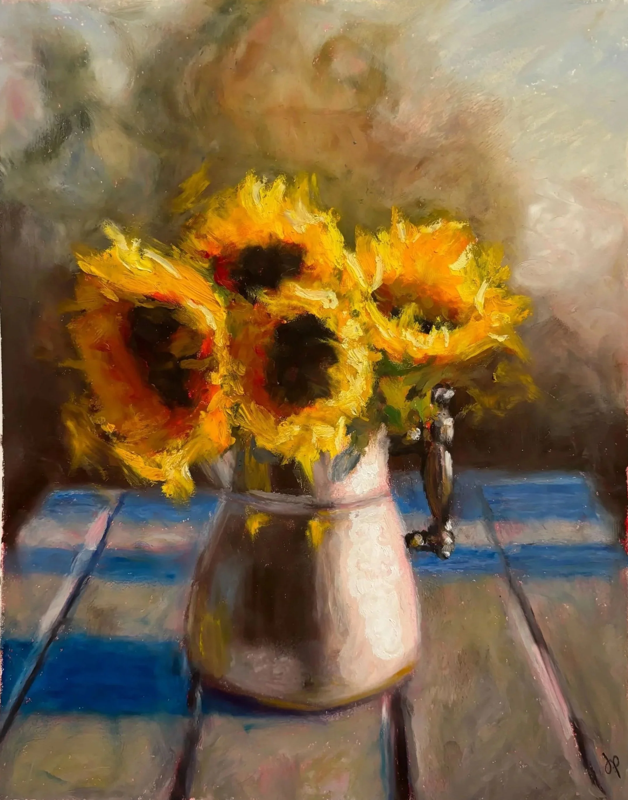 An impressionistic painting of sunflowers in a pot on a table, with a muted background in soft pastel shades.