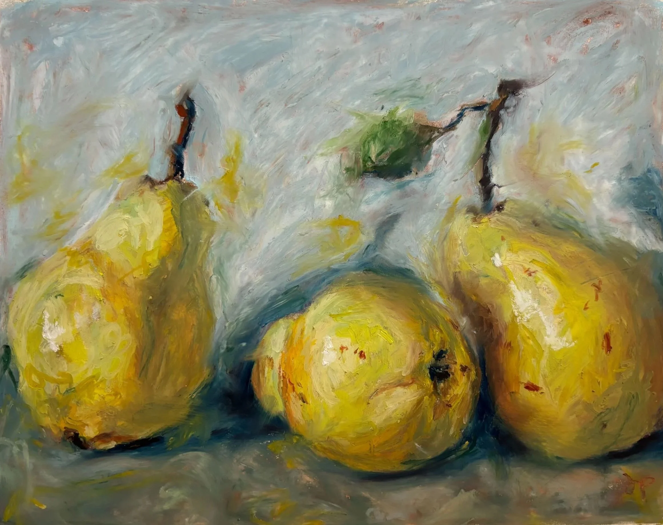 Expressionist painting of three pears with swirling colors of white, grey, yellow, green, and hints of blue and black.
