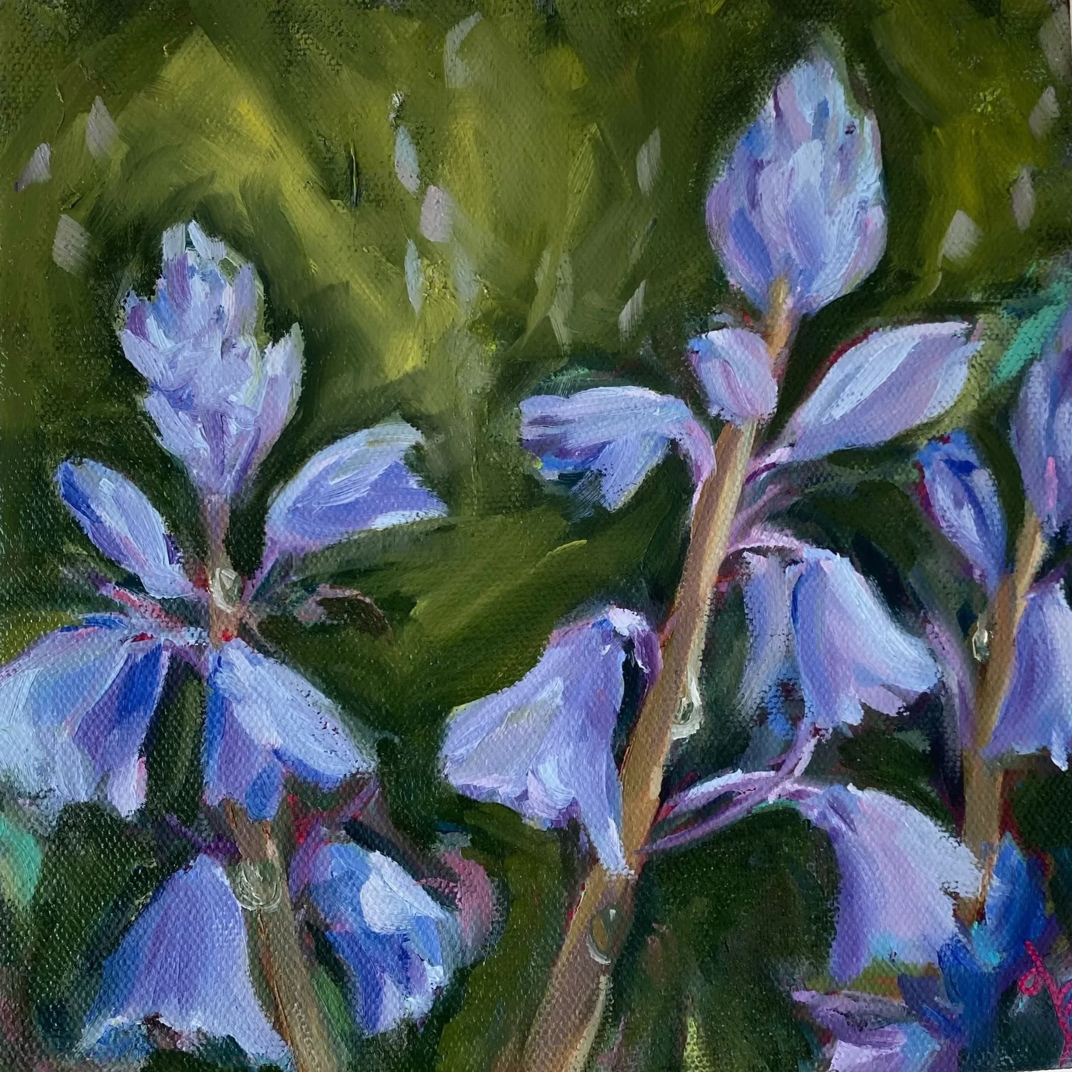 A colorful impressionistic painting of blue-bell flowers with purple, blue, green, and white brushstrokes.