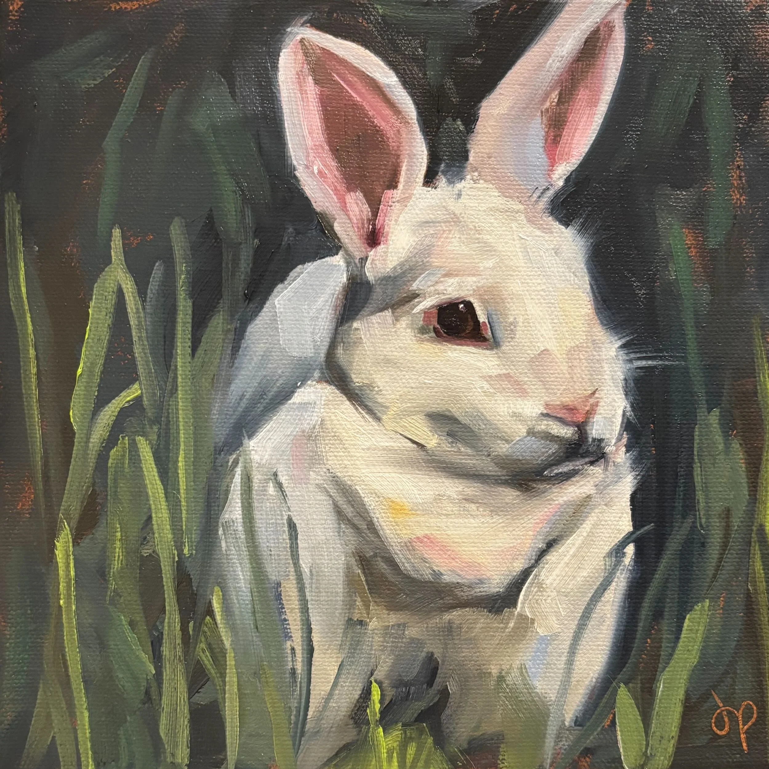 Close-up of an oil painting depicting a white rabbit with large ears in front of green grass and dark background.