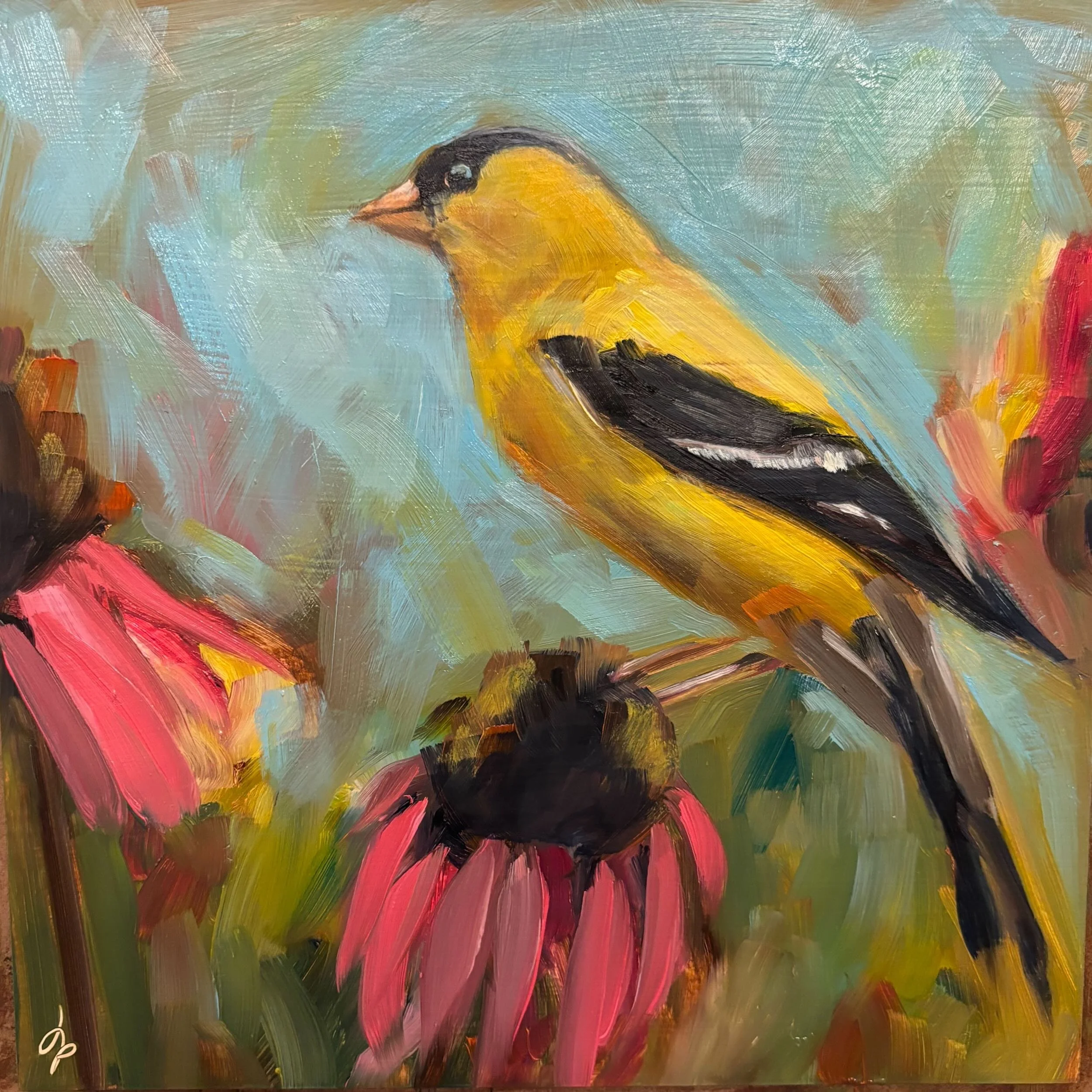 An oil painting of a small bird with yellow, black, and white feathers standing on a colorful background.