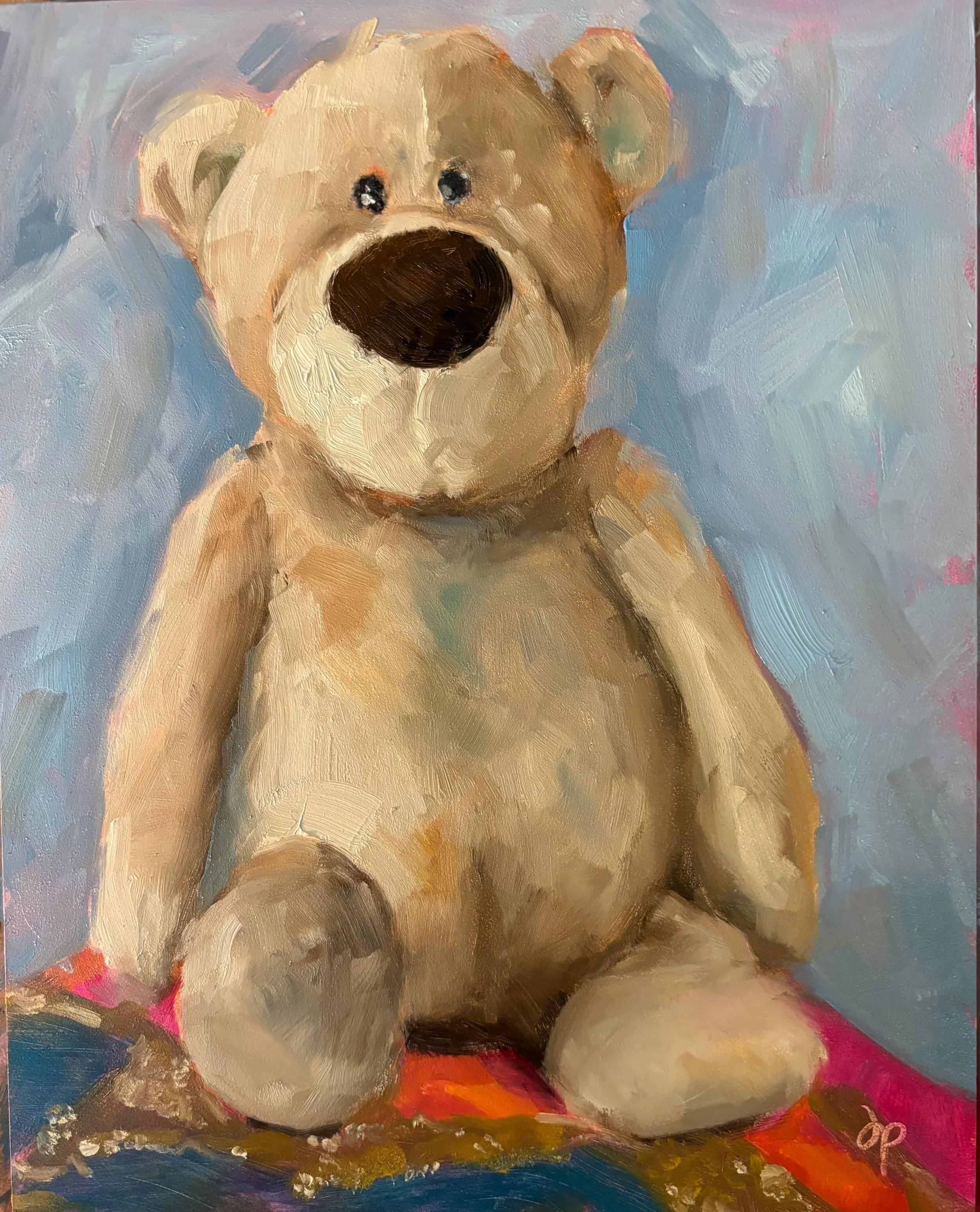 An impressionistic painting of a cute, round, light brown stuffed bear with a large black nose and dark eyes, sitting on colorful ground against a blue and pink background.