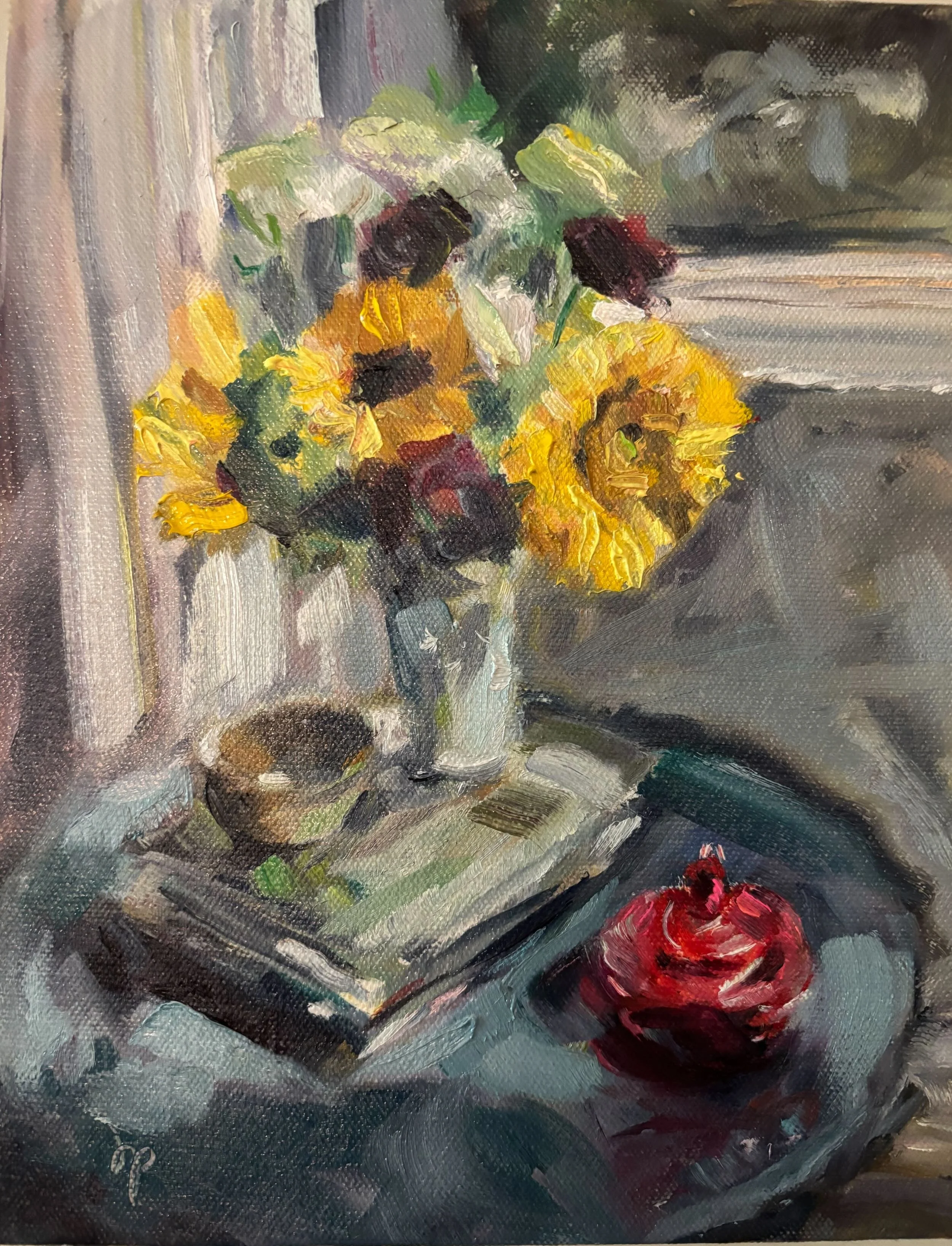 An impressionistic oil painting of a still life with a bouquet of white, yellow, and dark purple flowers in a glass vase, placed on a wooden surface with a greyish background.