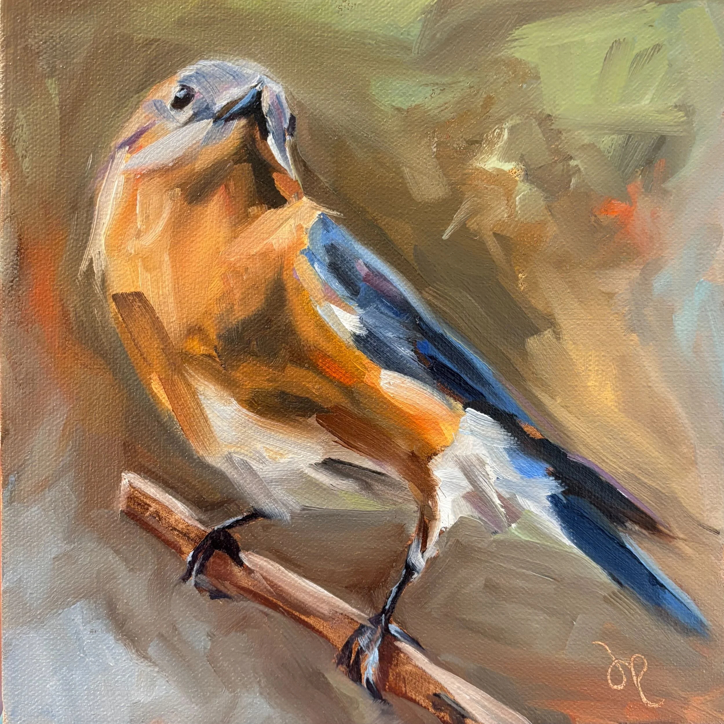 A close-up painting of a bluebird with a background of abstract earthy and green hues.