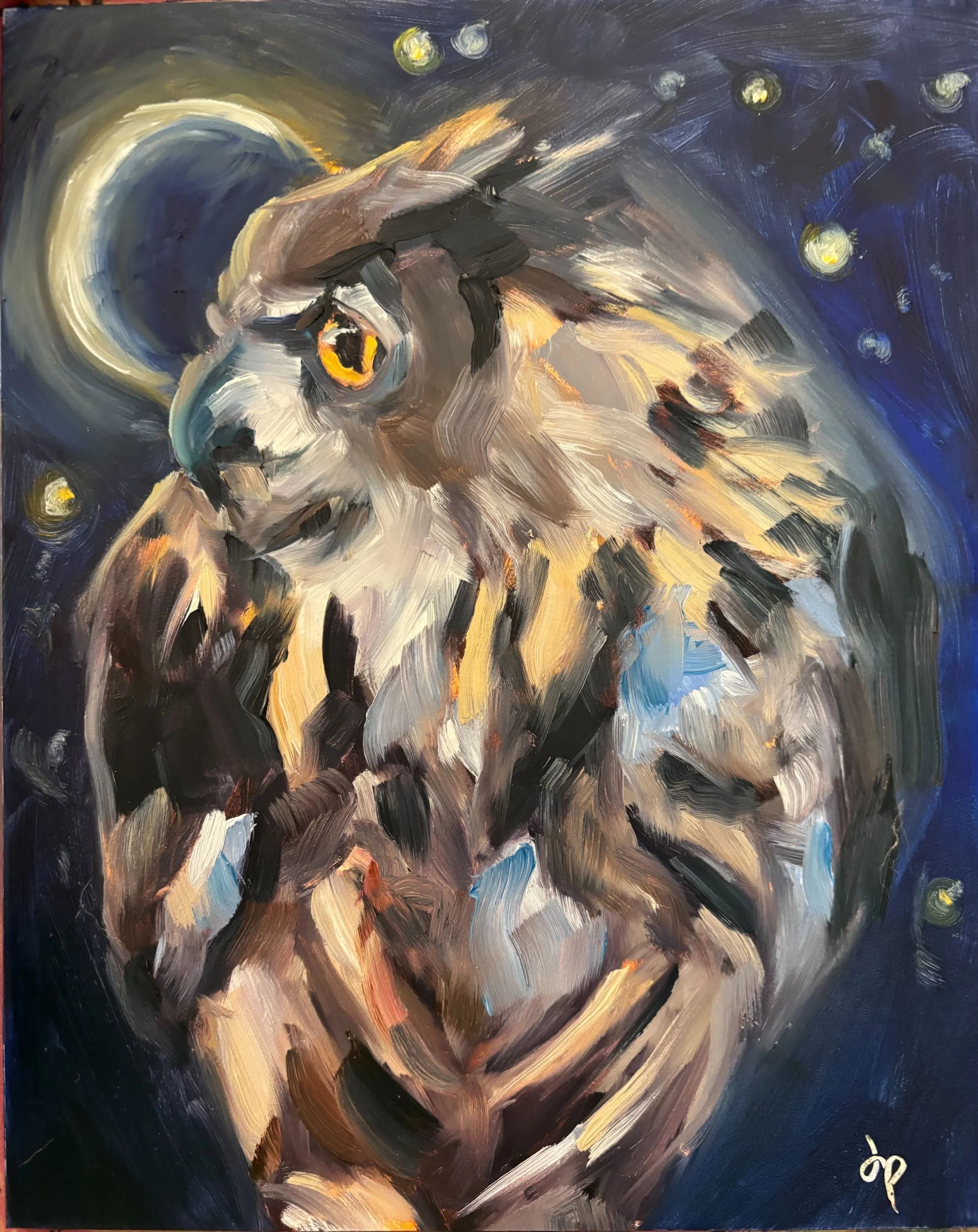 Expressive painting of an owl, featuring swirling brushstrokes of various colors including blues, grays, browns, and yellows, with prominent orange eyes and a signature in the bottom right corner.