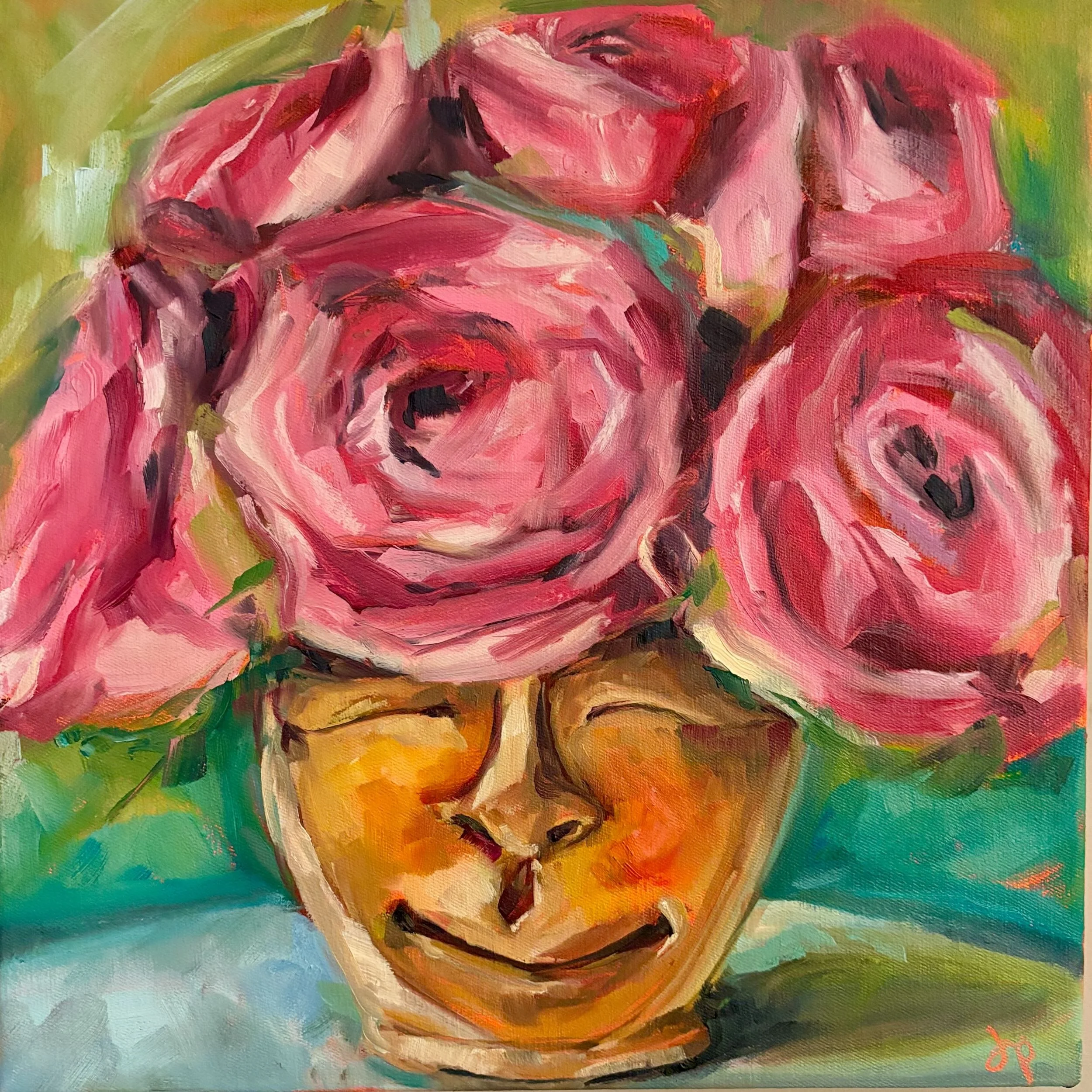 An expressionist-style painting of a face-shaped pottery vase filled with pink roses with vibrant colors in the background.