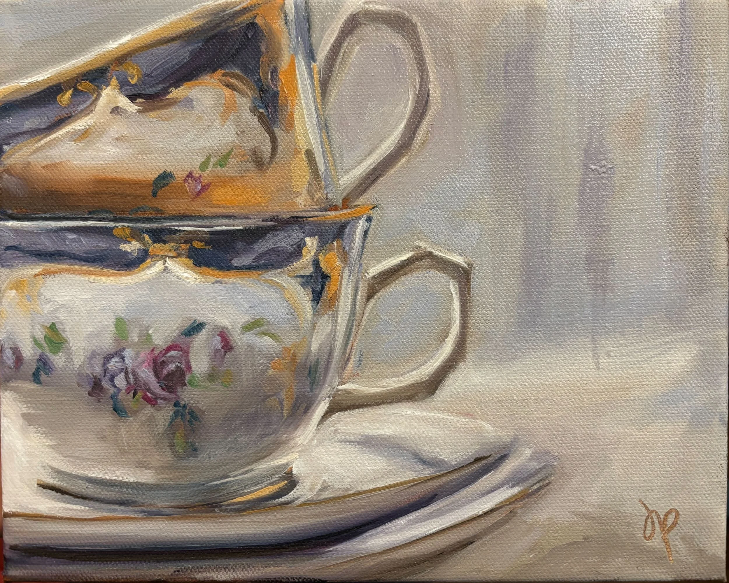 Close-up of an oil painting depicting a teacup with colors and brush strokes, with a plain background.