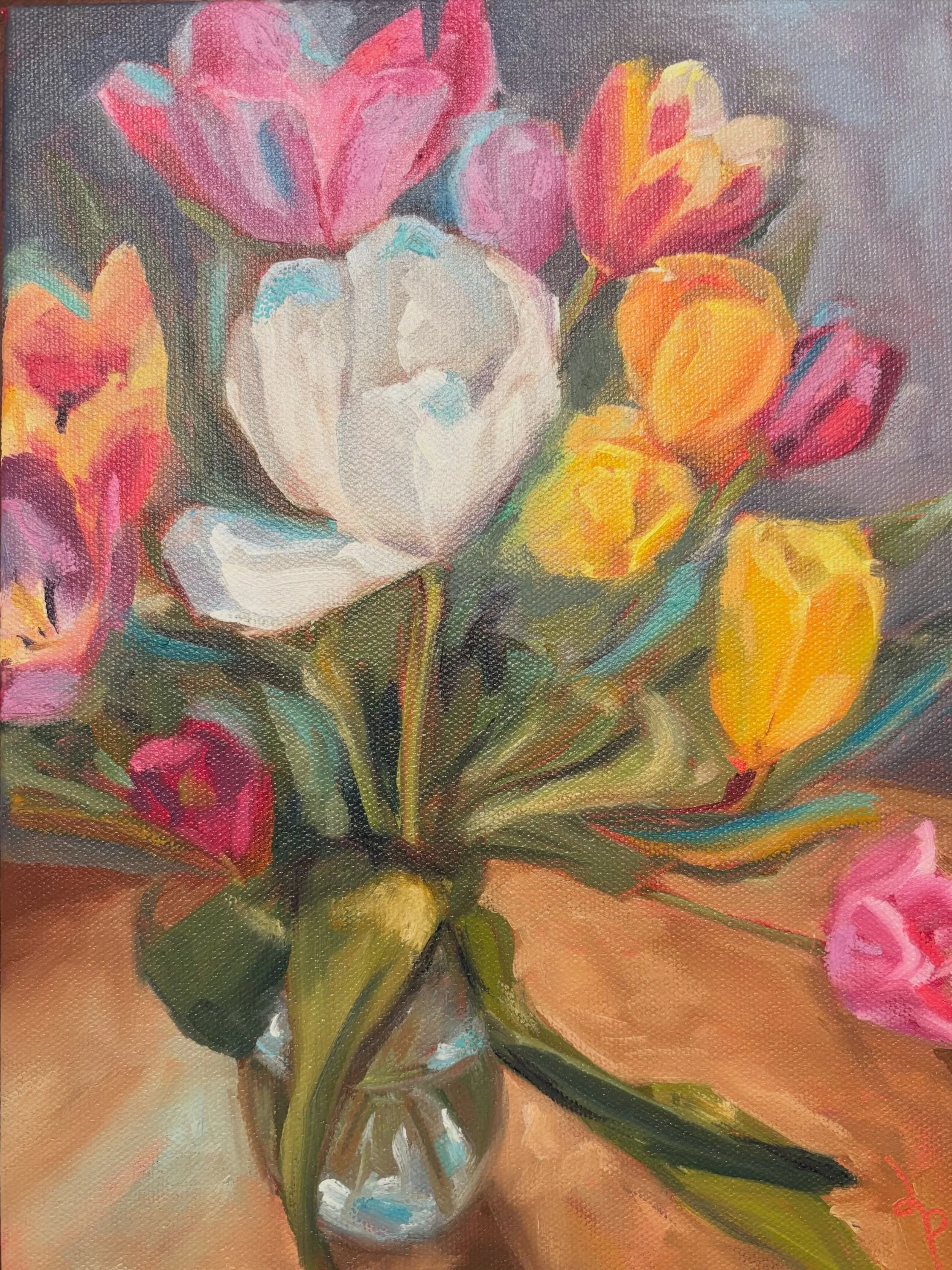 A colorful, impressionistic painting of a bouquet of flowers in a glass vase, with prominent pink, orange, and white blossoms and greenery on a warm-toned background.
