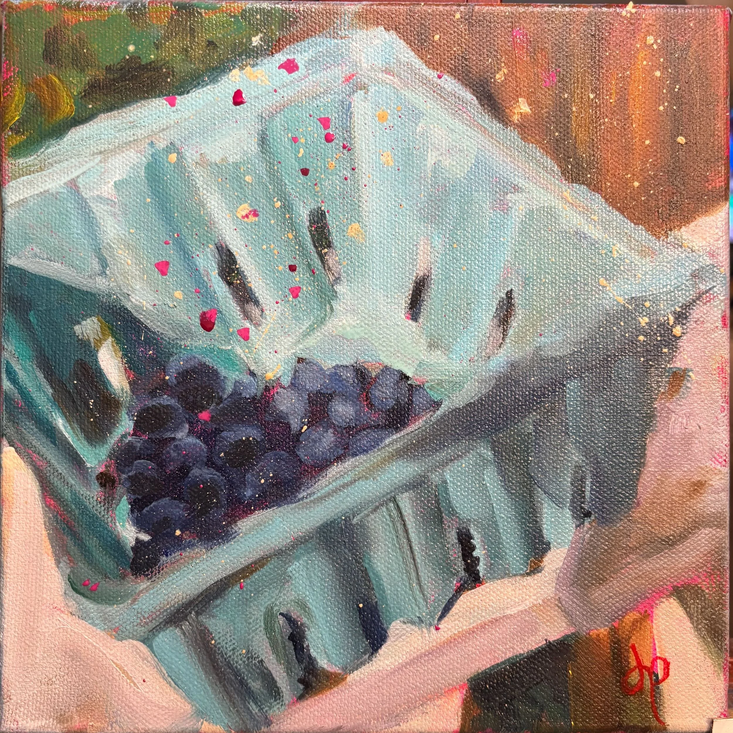 Close-up of an oil painting of blueberries with splashes of pink and yellow, and textured brushstrokes in blues, grays, and browns.