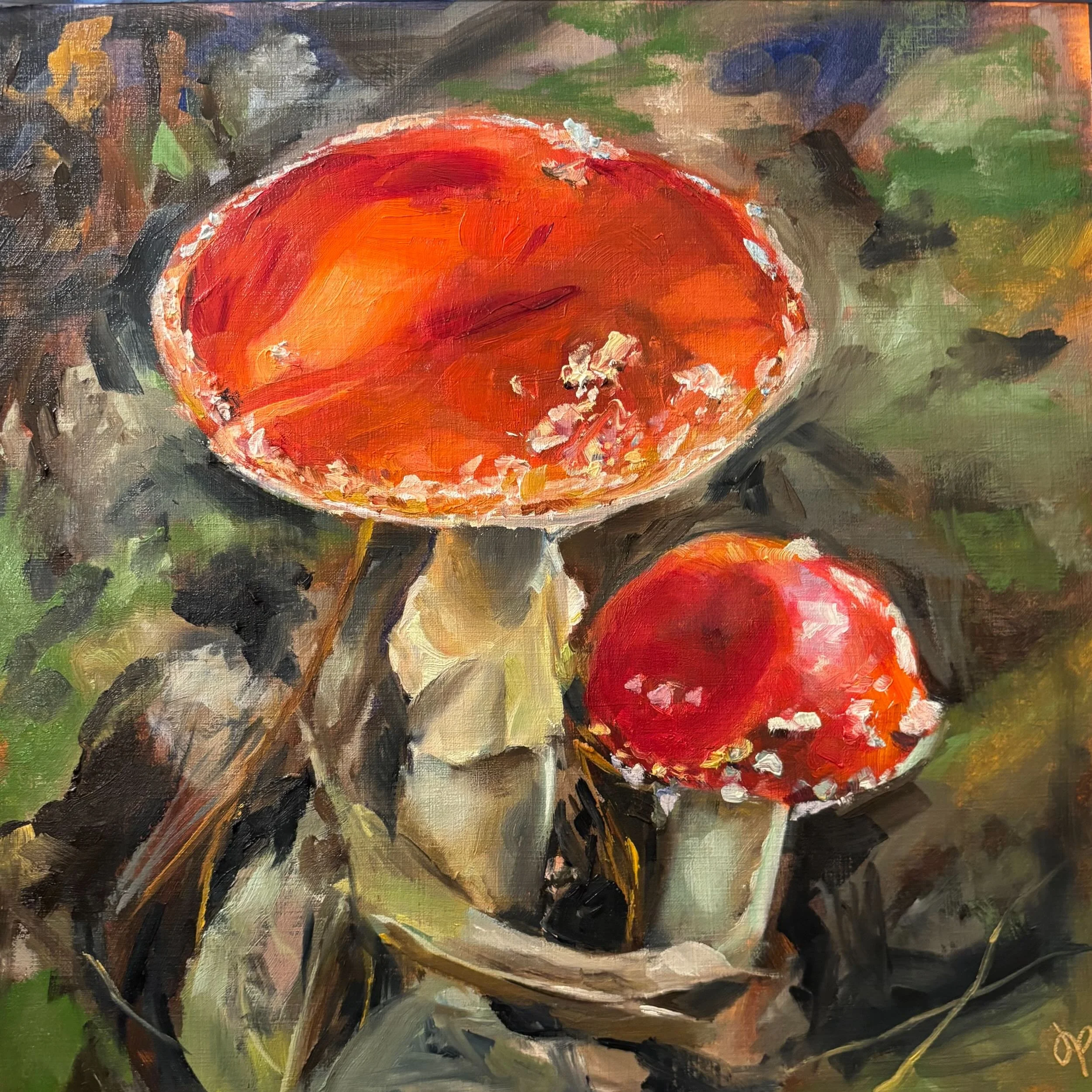 An impressionistic oil painting of two mushrooms with rounded orange and red shape in the center, surrounded by dark colors and brushstrokes, with hints of green, purple, and white.