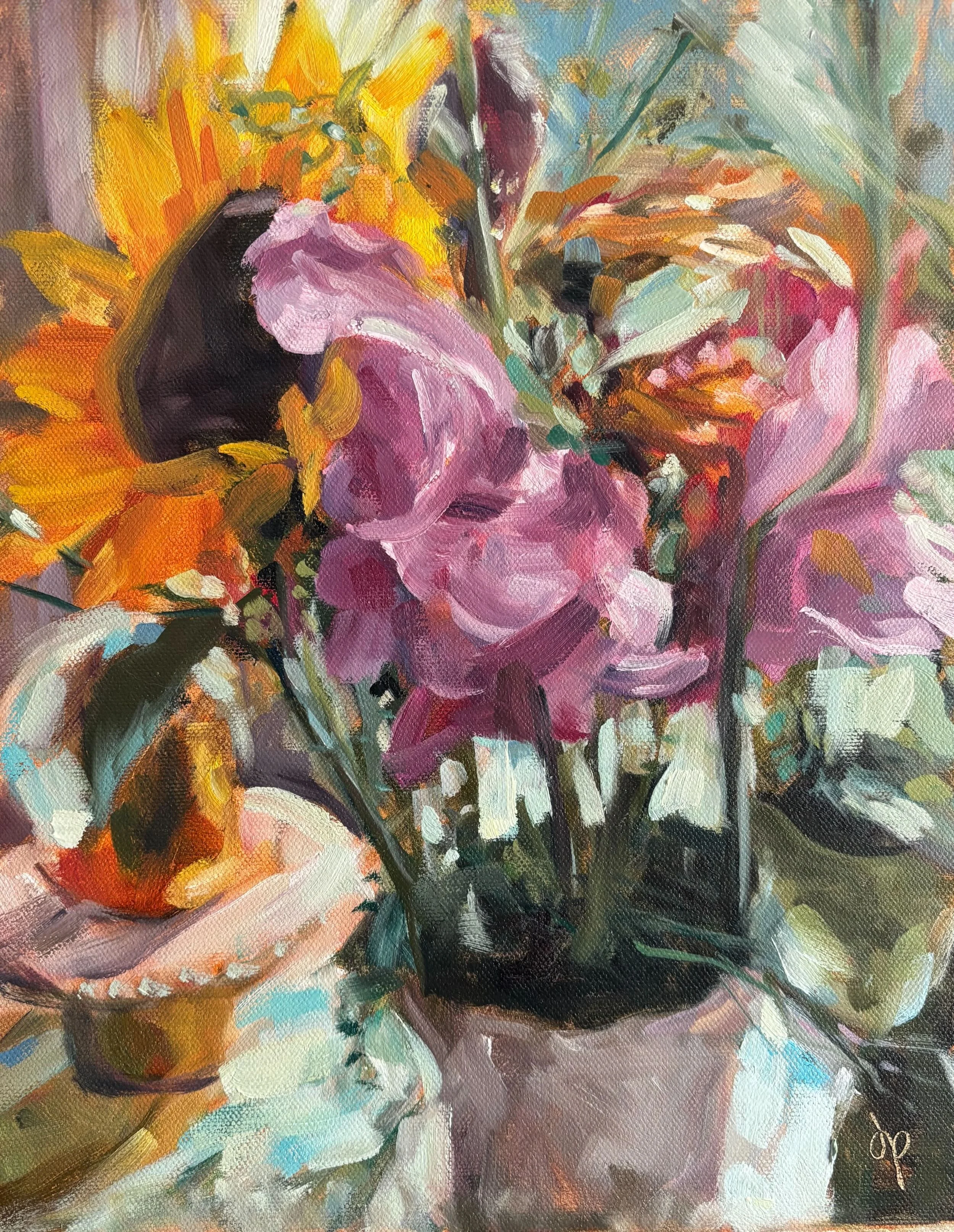 An abstract impressionist oil painting of colorful flowers, including pink sweet peas and orange, yellow, and green foliage, with bold brushstrokes and vibrant hues.