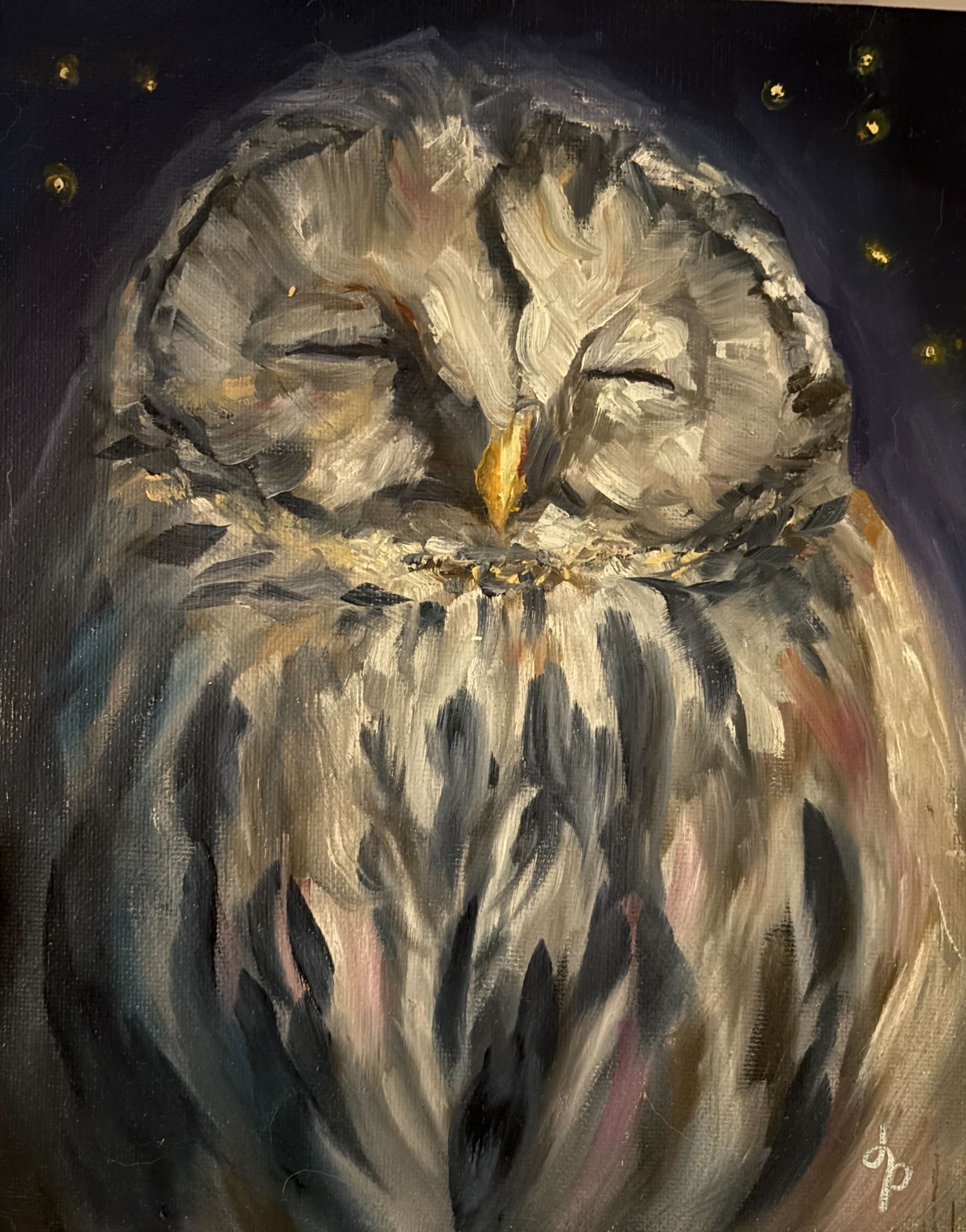 A close-up of an oil painting depicting a realistically rendered owl against a dark, starry night background with small yellow stars.