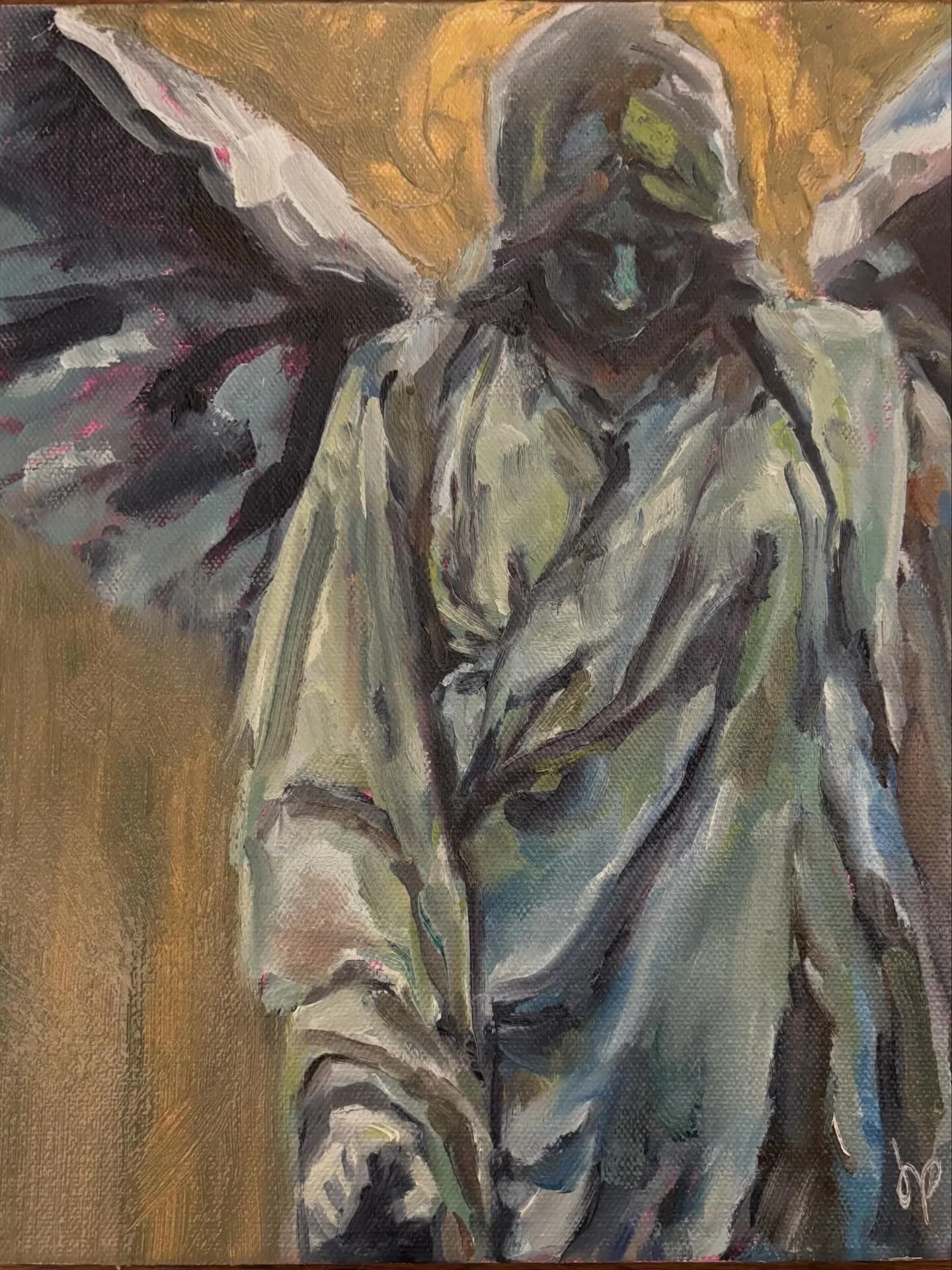 An expressive painting of an angel statue with hand outstretched and wings. The background is a warm, earthy tone.