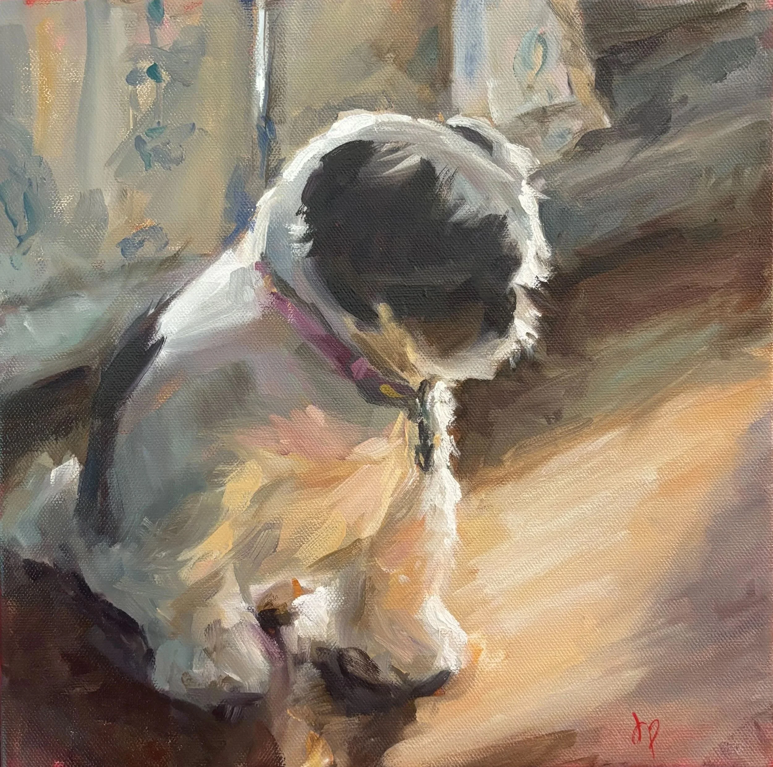 An oil painting of a backlit small dog sitting on a wooden floor in sunshine streaming through a window. The painting has an impressionistic style with visible brushstrokes and textured canvas.