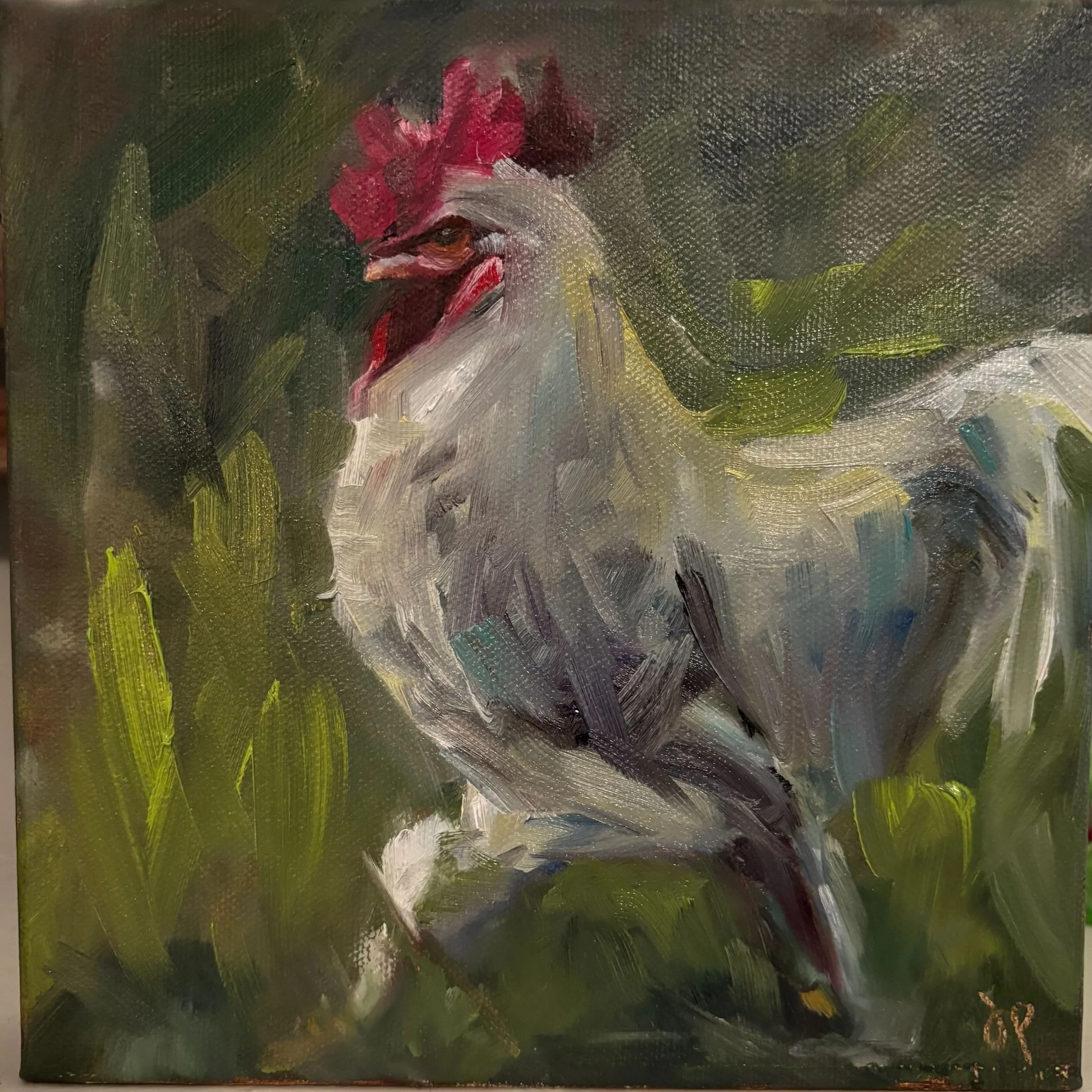 Close-up of an impressionist-style oil painting of a rooster with red, white, and black feathers on a dark green background.