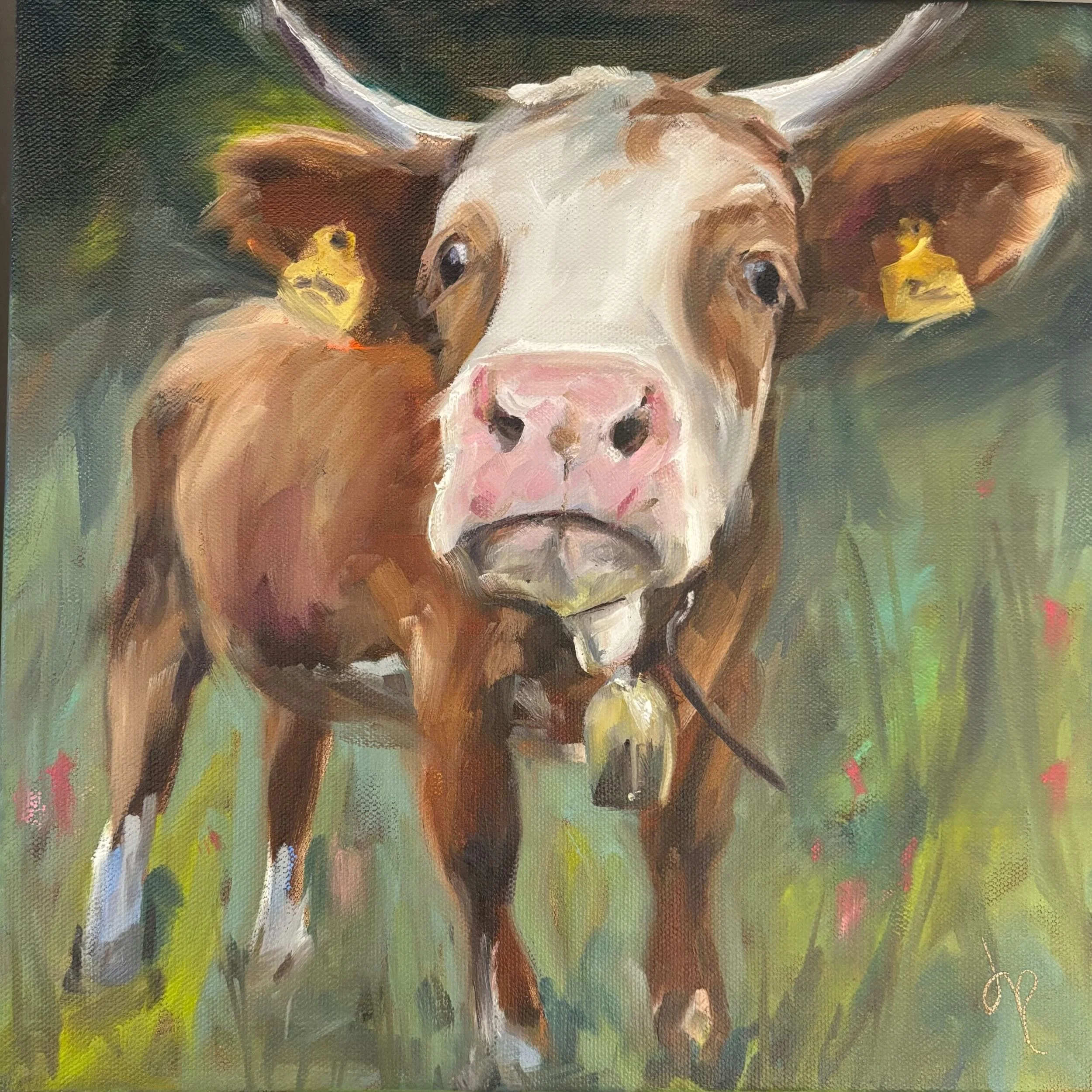 A portrait of a cow with white and brown fur, yellow ear tags, in a green field, painted with loose, expressive brushstrokes.