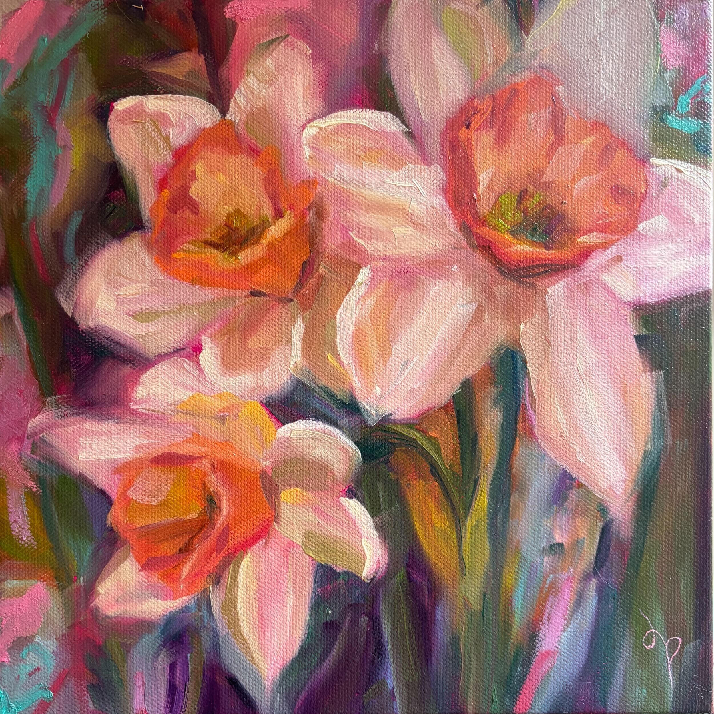 An impressionistic oil painting of daffodils with vibrant colors, including shades of pink, orange, purple, green, and blue, created with thick brushstrokes.