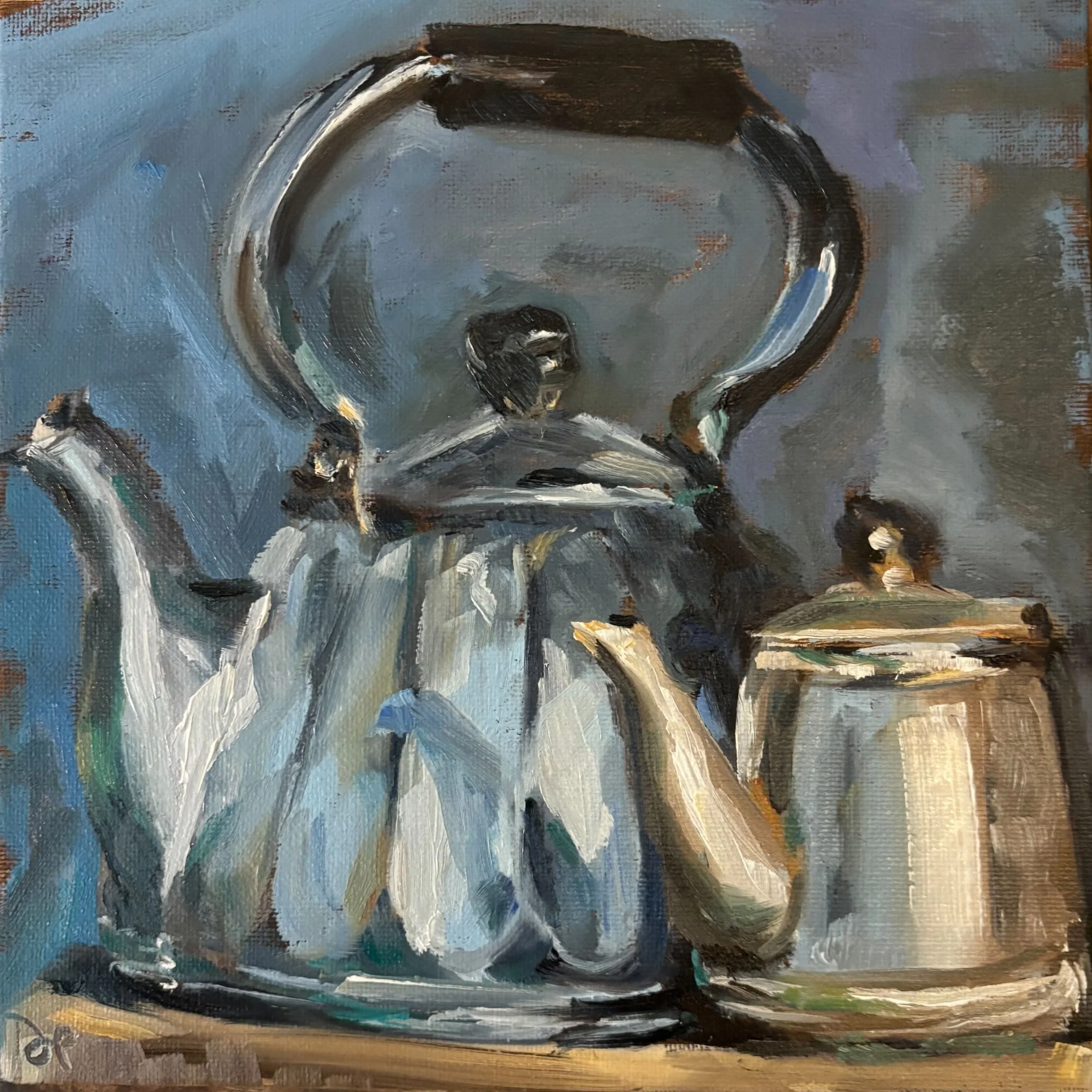 An oil painting of two metal kettles, with abstract background featuring shades of blue, gray, black, and white.