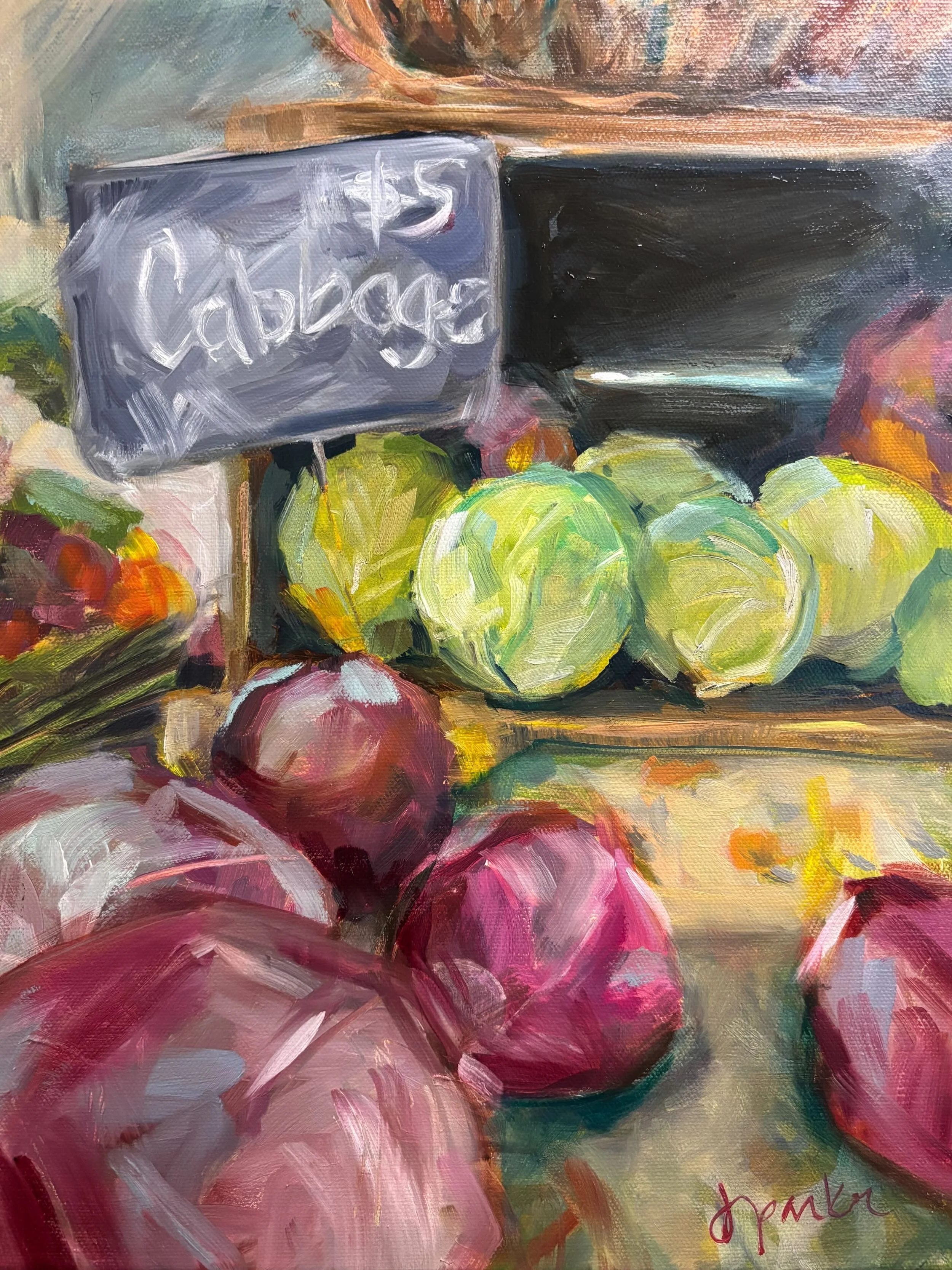 An impressionistic painting of a farmer's market, including green and red cabbages, with a gray chalkboard displaying the phrase 'cabbage' and the artist's signature.