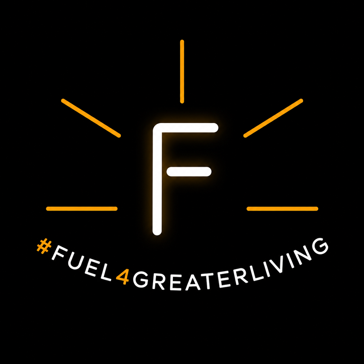 A digital clock with the letter 'F' in the center, surrounded by orange lines resembling clock hands, with the hashtag '#FUEL4GREATERLIVING' at the bottom.