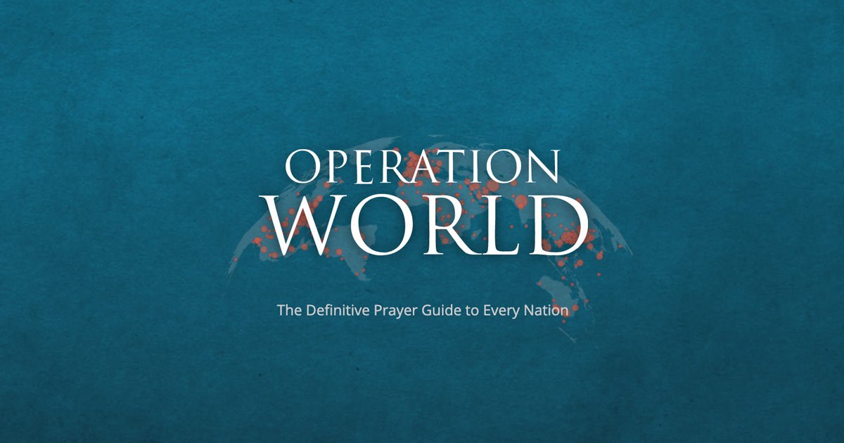 Title slide with text 'Operation World' and subtitle 'The Definitive Prayer Guide to Every Nation' over a blue background with a stylized world map in the background.