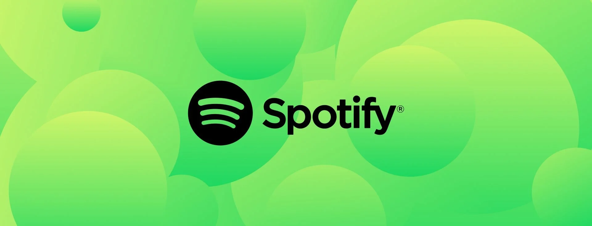 Spotify logo on a green and yellow background with abstract circular shapes.