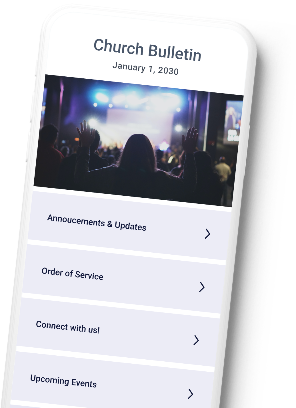 Mobile phone screen displaying a church bulletin app with options for announcements, order of service, connect, and upcoming events, over a background image of a worship service with people raising their hands.