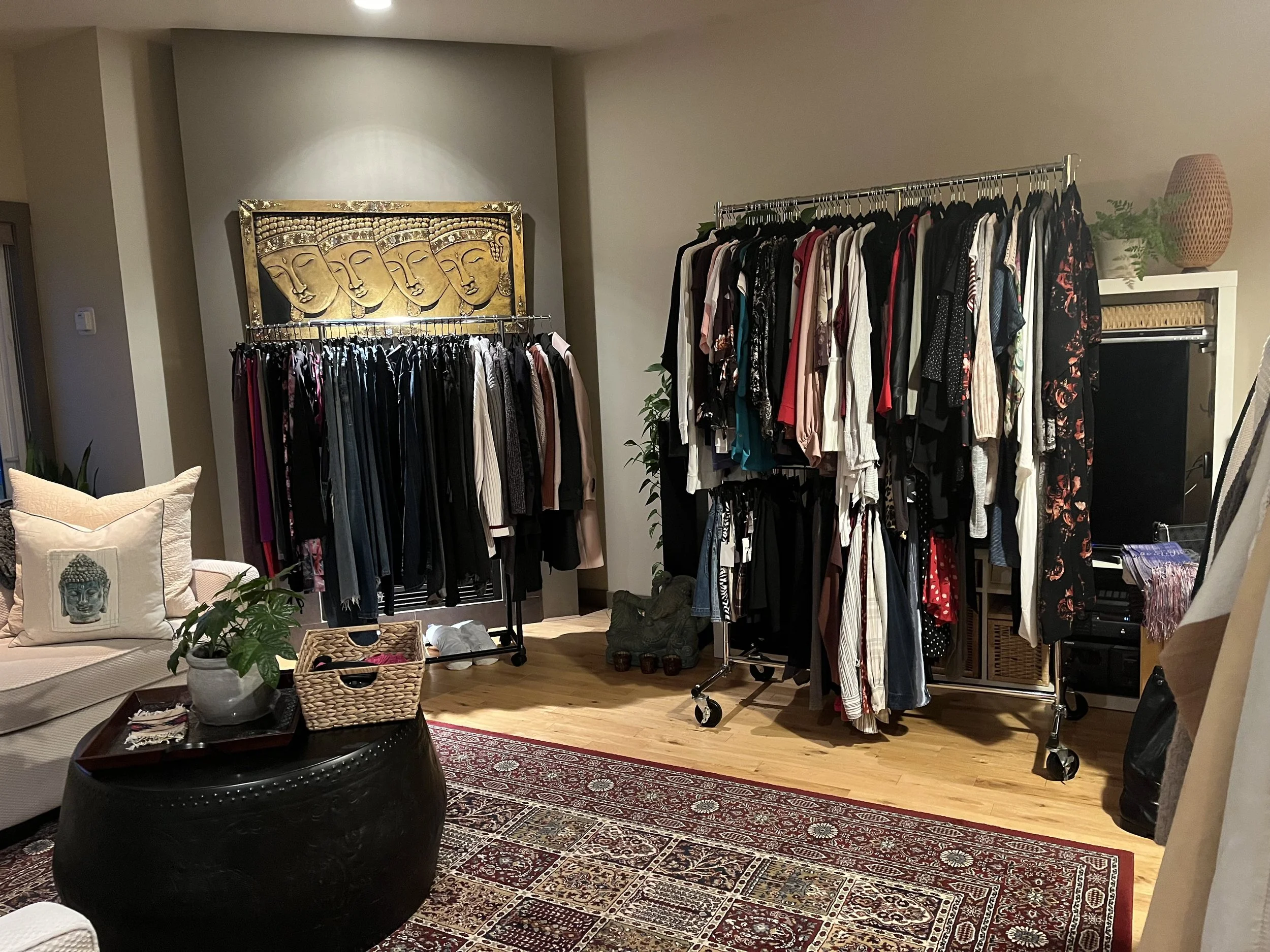 Living room with clothing racks filled with various clothes, a black round ottoman with a potted plant and basket on it, a beige couch with a decorative pillow, an ornate painting on the wall, and a patterned rug on wooden floor.
