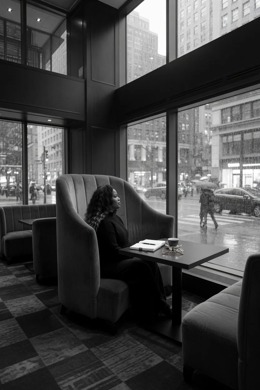 Crystal Green Kelly sits in a high-backed booth in a café or restaurant, looking out through large rain-streaked windows at a rainy city street with pedestrians and cars.
