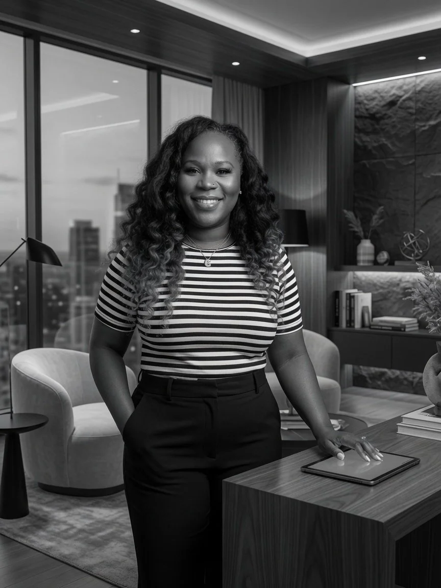 Crystal Green Kelly  smiling in a modern office, wearing a striped shirt and black pants, standing next to a desk with a tablet. The office has large windows, contemporary furniture, and decorative elements like books and plants.