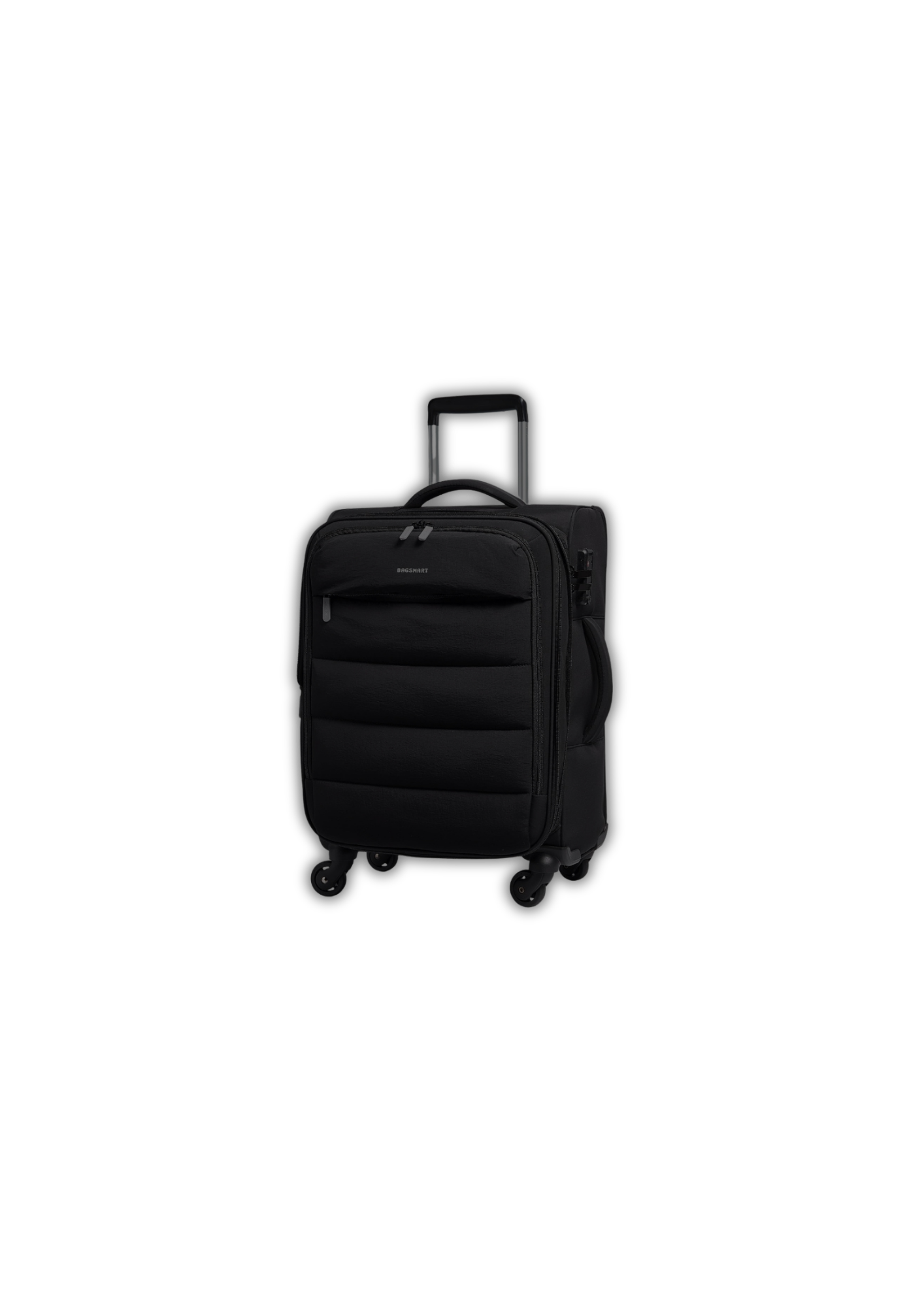 Black rolling suitcase with extendable handle standing upright against a black background.