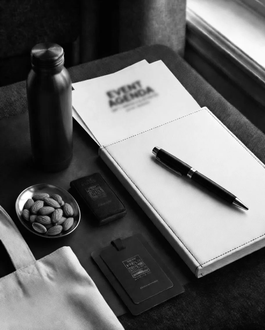 A black and white photo of a desk with a water bottle, a bowl of almonds, a wallet, a white notebook with a pen, and a booklet or magazine with blurred text.