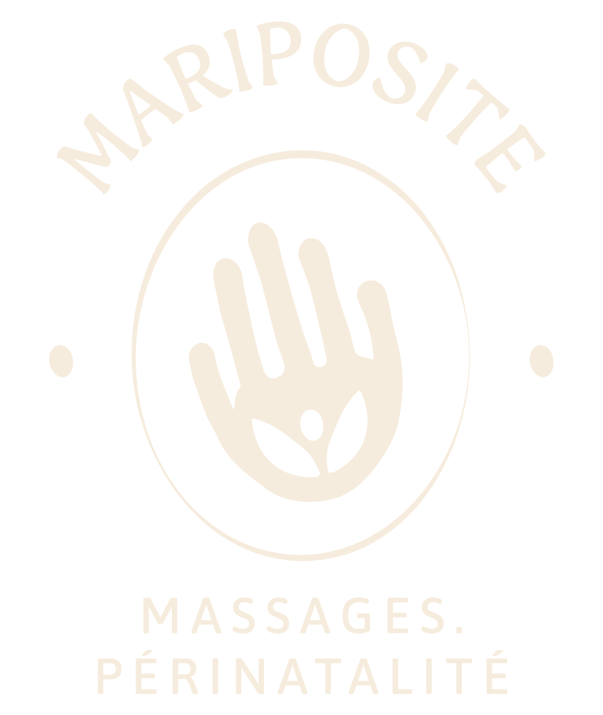 Logo en couleurs noir et blanc avec un cercle contenant un pictogramme de main et le texte 'MARIPOSITE MASSAGES PÉRINATALITÉ'
