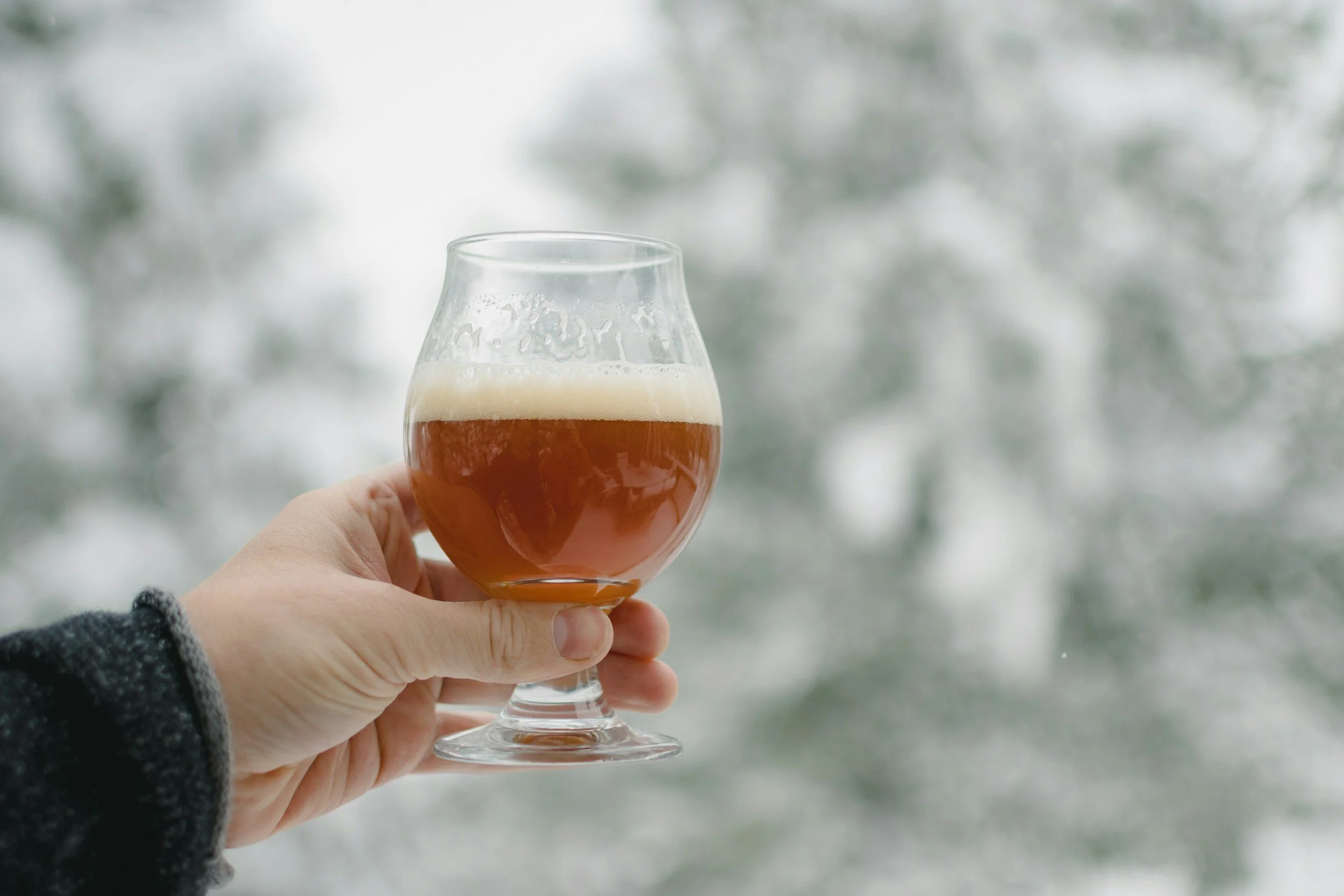 A hand holding a glass of beer in front of a snowy, blurred background.