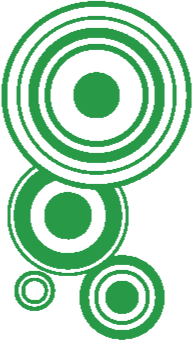 A green and white stylized abstract design with concentric circles and curved lines.