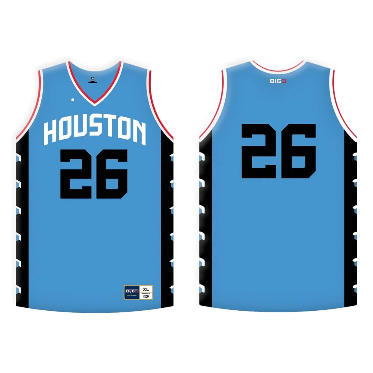 Front and back view of a Houston basketball jersey in light blue with black and white accents, displaying the number 26.