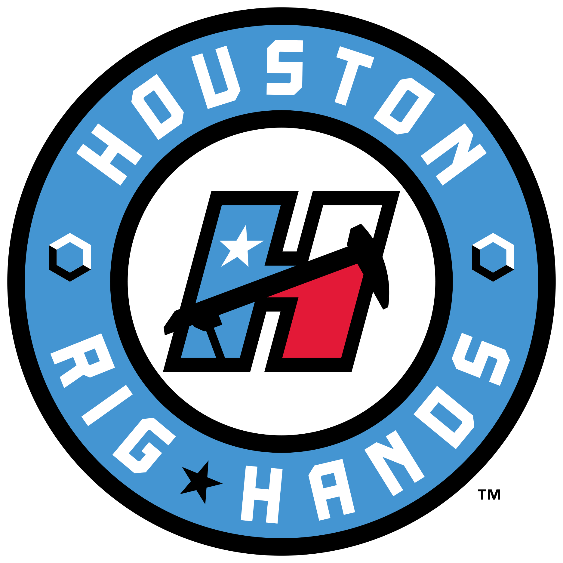 Close-up of a circular logo with a black background, featuring the words 'HOUSTON' and other text around the perimeter, with a stylized letter 'H' and stars inside the circle.