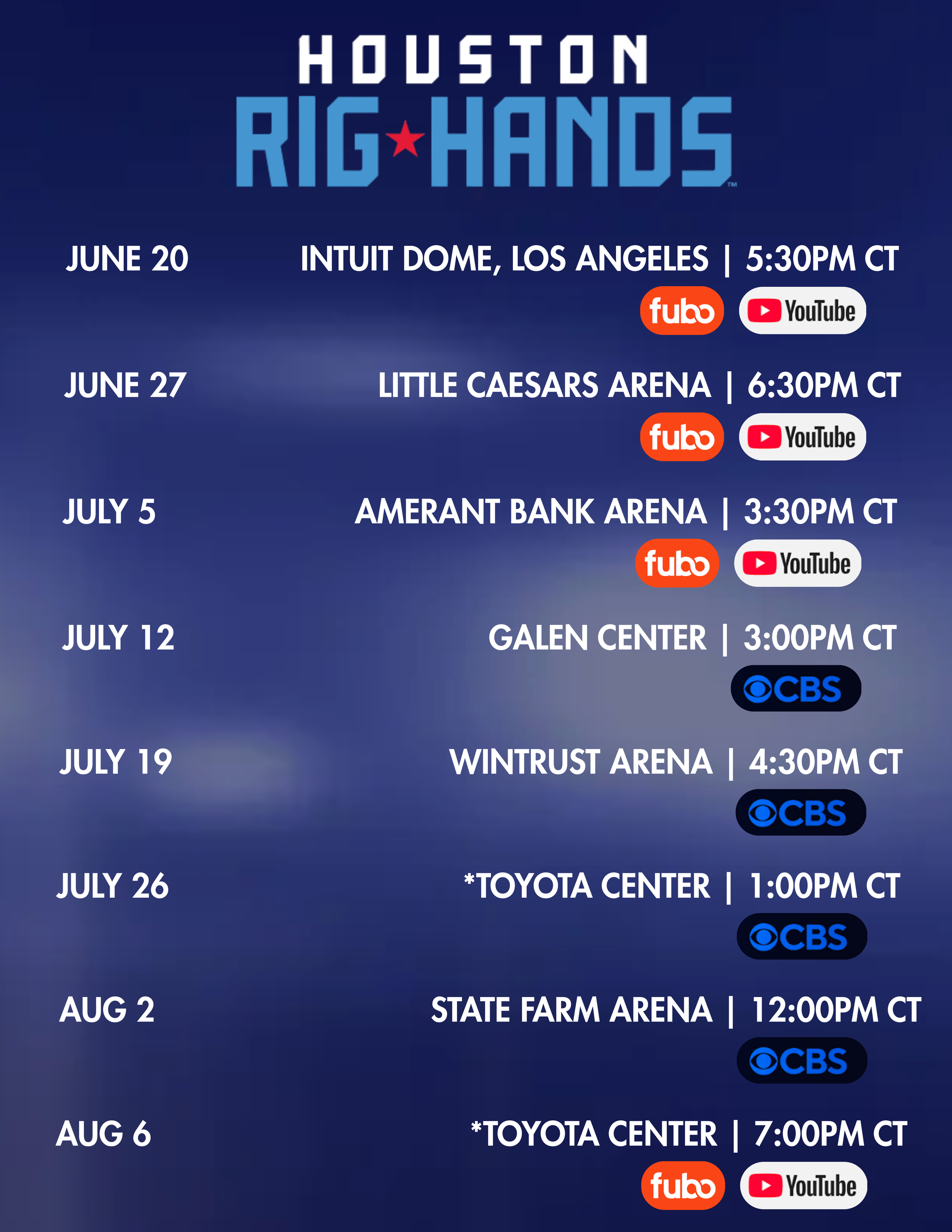 Schedule of Houston Rockets basketball games with dates, venues, and times, streamed on Fubo and YouTube, and some on CBS.
