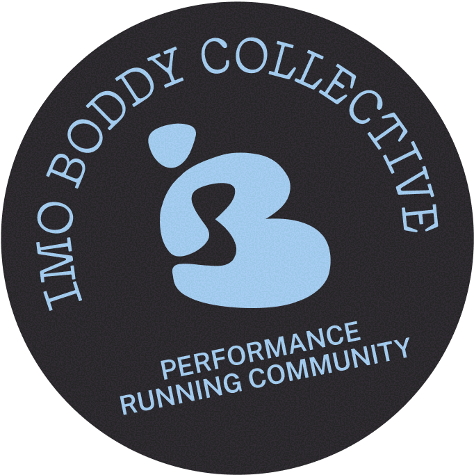 Circular logo with black background and light blue text that reads "IMO BODY COLLECTIVE" at the top and "PERFORMANCE RUNNING COMMUNITY" at the bottom. In the center, a stylized light blue figure resembling a running person or abstract shape.
