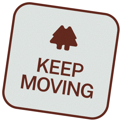 A square sign with rounded edges and a tree symbol at the top, displaying the text "KEEP MOVING."