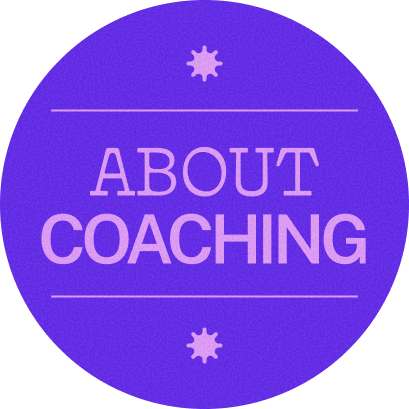 Purple circular badge with the text 'About Coaching' in the center, with flower icons above and below.