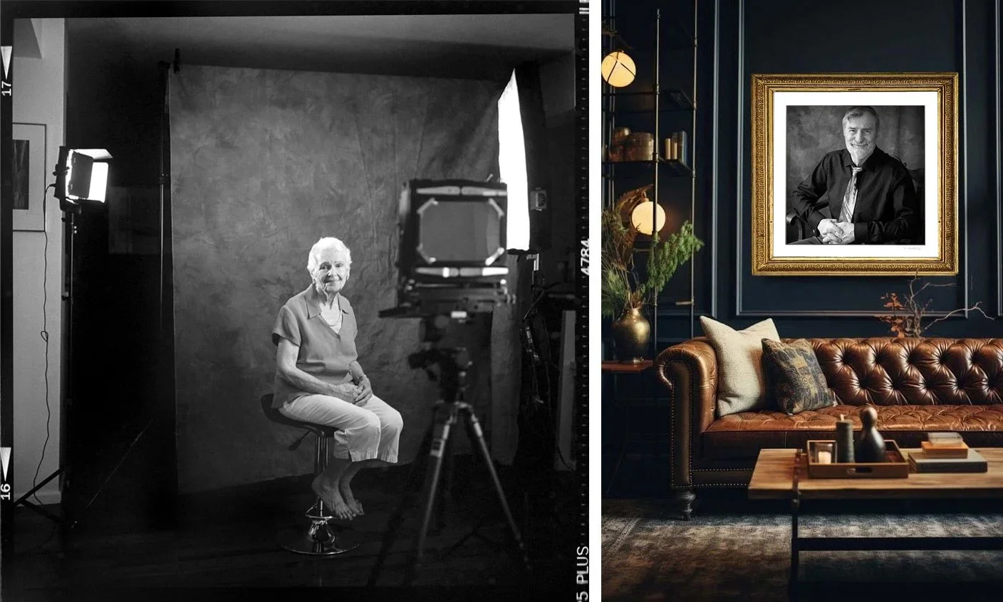 A large format fine art camera studio configuration paired with an installed family heirloom print.