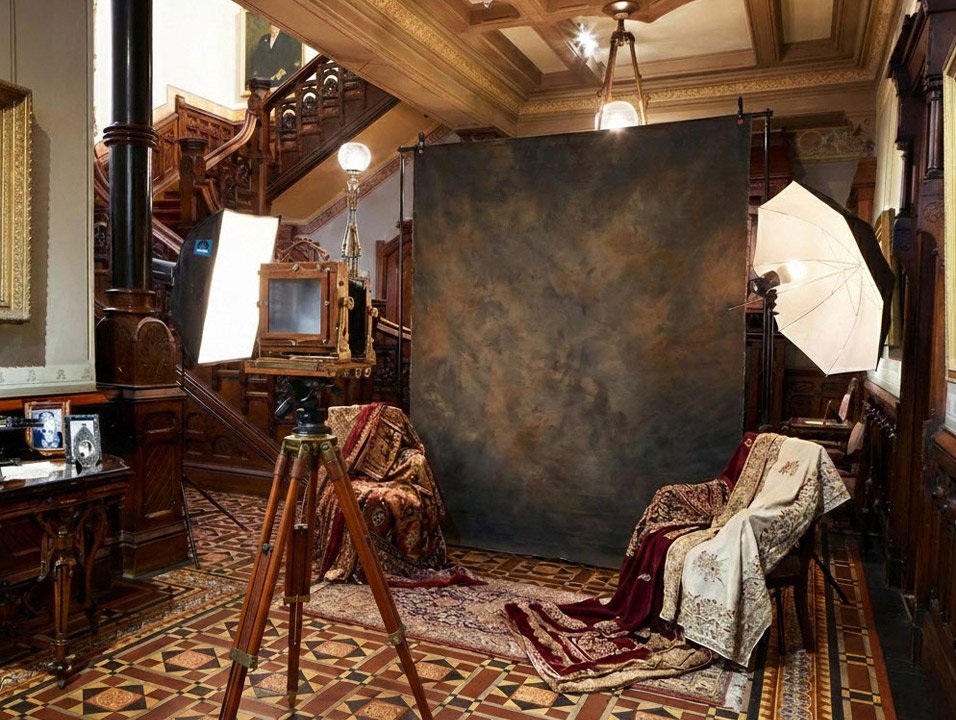 A conceptual rendering of a large-format camera, hand-painted muslin backdrop, and carefully constructed lighting environment brought into place before the sitting begins.