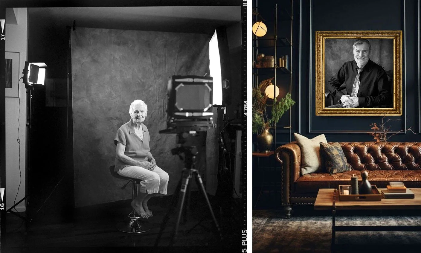 A large format fine art camera studio configuration paired with an installed family heirloom print.