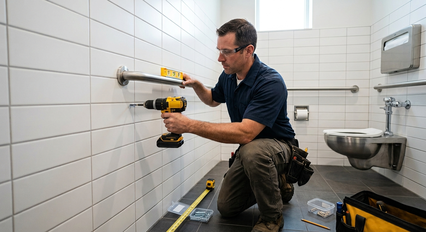 A man installing a grab bar in a bathroom with white tiled walls. He is kneeling on the floor, wearing safety glasses, and using a power drill to secure the grab bar to the wall. A level tool is placed on the grab bar to ensure proper alignment.