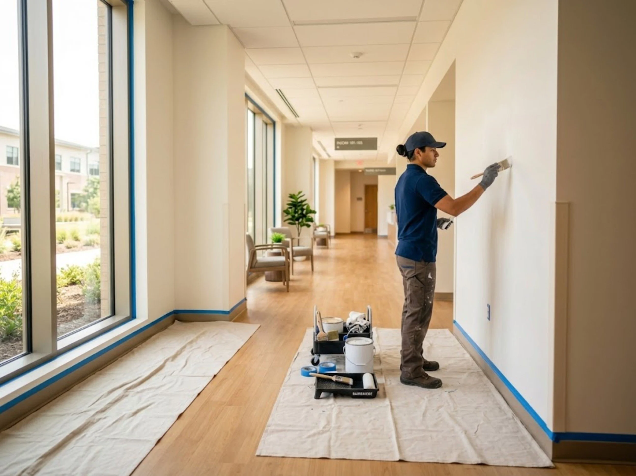 A person in a blue cap and gloves is painting a wall inside a building. Painting supplies, including a tray, brushes, and cans of paint, are on a cart and on the plastic sheet covering the floor. Large windows on the left let in natural light, with a view of the outside greenery.