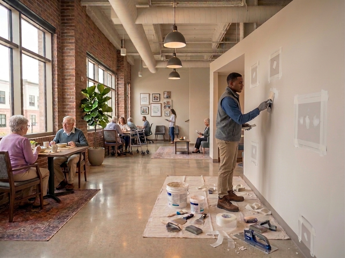 A man is painting a wall in a brightly lit, modern coffee shop or café. Several elderly people are sitting at tables, enjoying meals and conversations. Large windows with brick walls provide natural light, and there are plants and framed pictures on the wall.