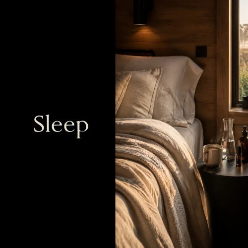Cozy bedroom with a made bed, pillows, and blankets, illuminated by warm lighting near a window, with the word 'Sleep' on the left side.