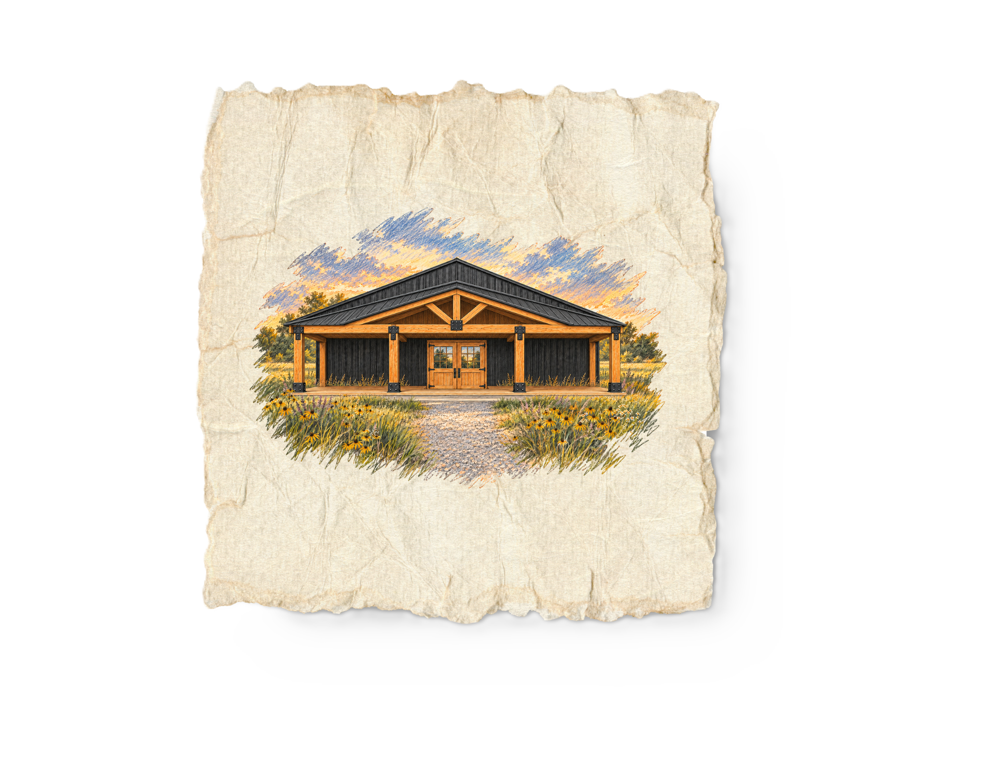 Illustration of a barn with a black roof, wooden posts, and a stone pathway surrounded by yellow flowers, set against a colorful sky with sunset.